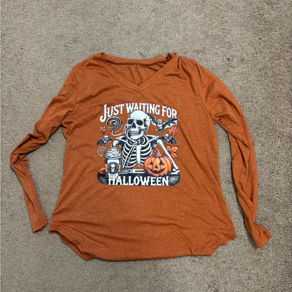 Orange Halloween Skeleton Long Sleeve Shirt